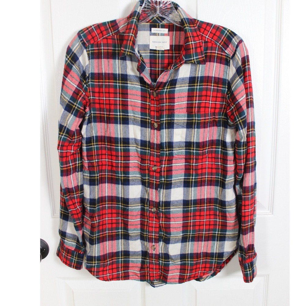 American Eagle Womens Flannel Shirt Boyfriend Fit Plaid Button Down XS